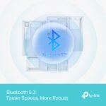 Promotional graphic with a large Bluetooth 5.3 icon over a faint floor plan and a teal banner reading 'Bluetooth 5.3: Faster Speeds, More Robust' beside the tp-link logo.