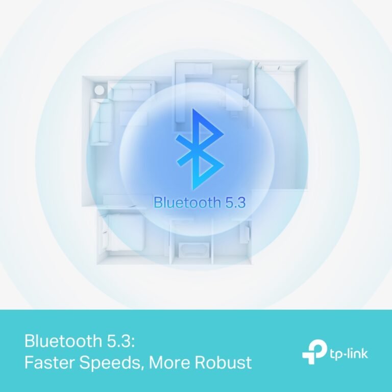 Promotional graphic with a large Bluetooth 5.3 icon over a faint floor plan and a teal banner reading 'Bluetooth 5.3: Faster Speeds, More Robust' beside the tp-link logo.