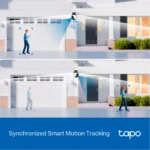 Front view of a modern house exterior with a wall-mounted security camera and blue motion-tracking overlays across the facade, and people standing outside using mobile devices.