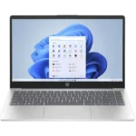 Open HP laptop showing Windows 11 desktop with a white dialog box in the center of the screen