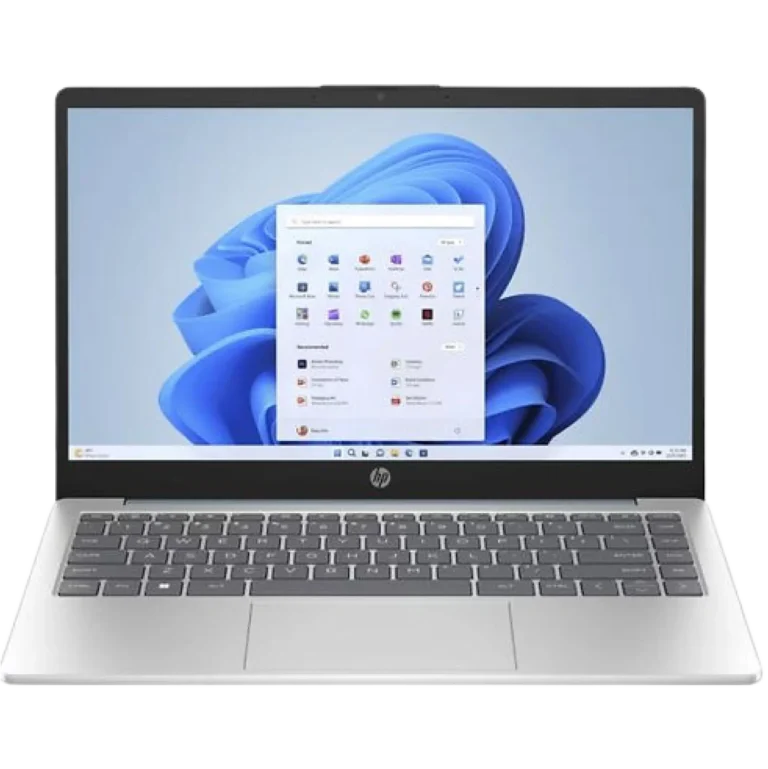 Open HP laptop showing Windows 11 desktop with a white dialog box in the center of the screen