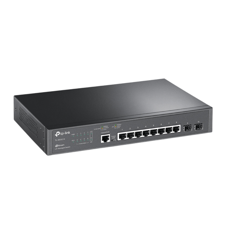 TP-Link JetStream 10-port managed Ethernet switch with two uplink ports.