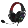 Black over-ear gaming headset with a red headband and RGB-lit ear cups, shown from a three-quarter angle on a dark background, conveying gaming gear.