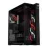 Mid-tower computer case with a glass side panel, red-lit cooling fans, and visible internal components. Black PC gaming case with a transparent side panel and red-illuminated fans. Gaming PC case showing internal RGB/red fans through a side window.
