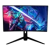 Cyberpunk-style female warrior with glowing blue blades in a neon-lit battle pose on a dark screen.
